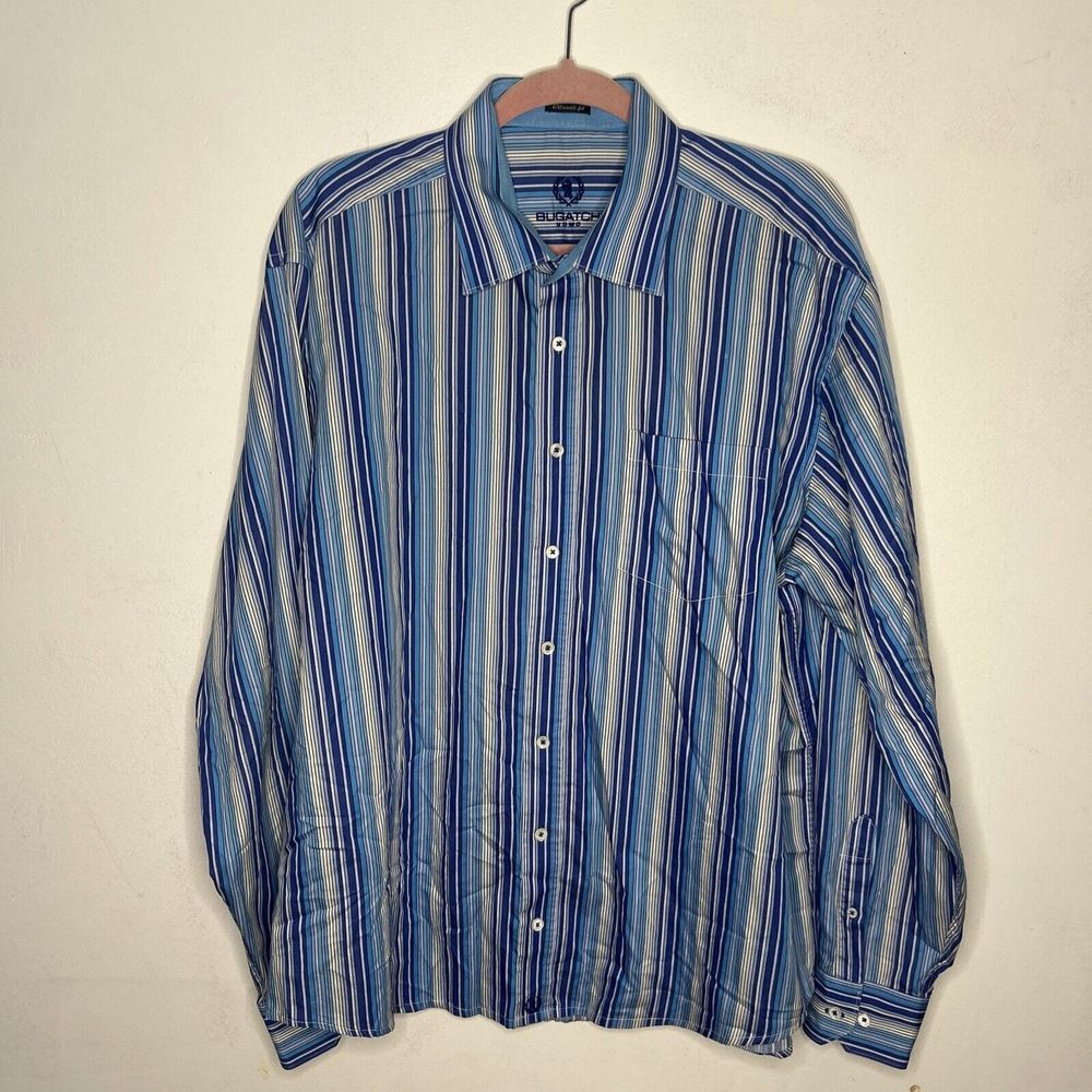 Bugatchi Uomo Mens Striped Long Sleeve Flip Cuff Button Front Blue Shirt Large